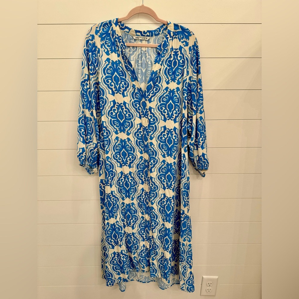 Women’s ZARA Blue White Printed Boho Motif Midi Dress XXL EEUC!